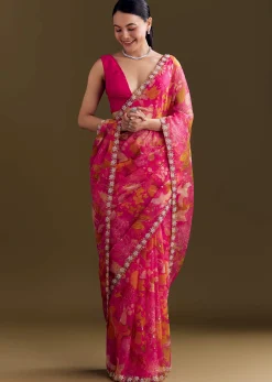 Pink Organza Floral Saree With Embellished Border