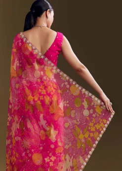 Pink Organza Floral Saree With Embellished Border