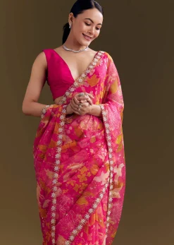 Pink Organza Floral Saree With Embellished Border