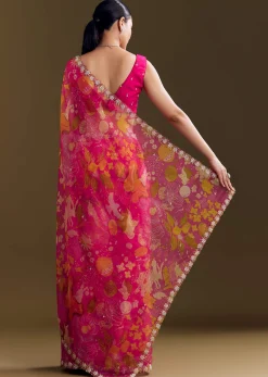 Pink Organza Floral Saree With Embellished Border