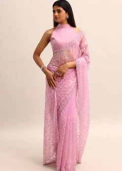 Pink Organza Saree With Embellished Scallop Border And Unstitched Blouse