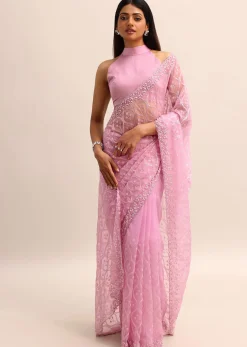 Pink Organza Saree With Embellished Scallop Border And Unstitched Blouse