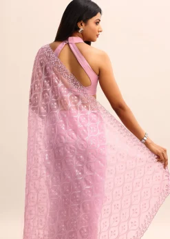 Pink Organza Saree With Embellished Scallop Border And Unstitched Blouse