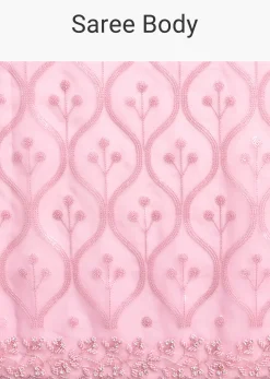 Pink Organza Saree With Embellished Scallop Border And Unstitched Blouse