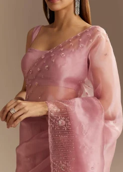Pink Organza Sequins Saree With Scallop Border