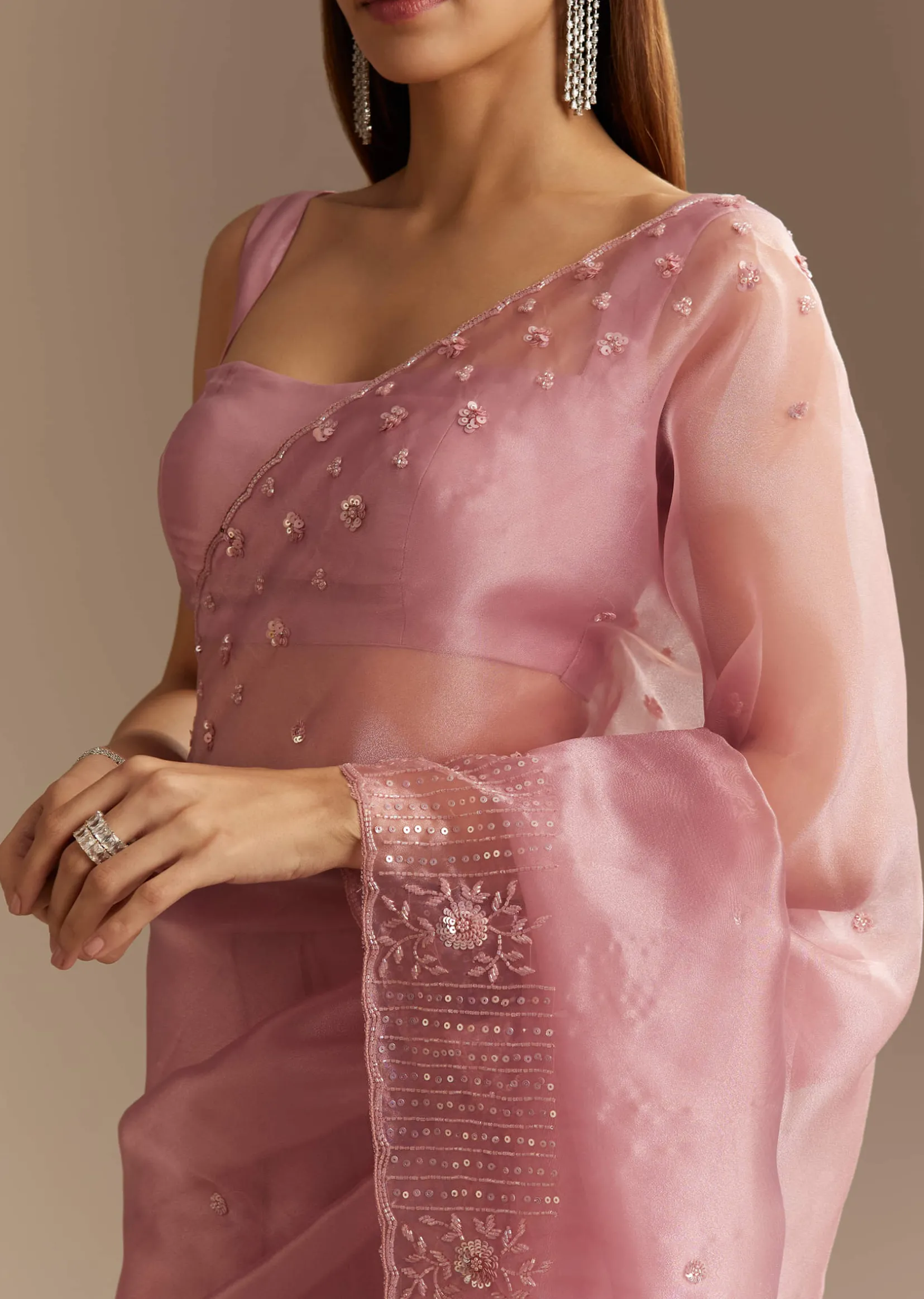 Pink Organza Sequins Saree With Scallop Border