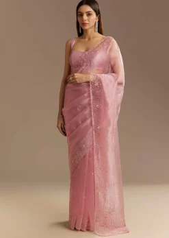Pink Organza Sequins Saree With Scallop Border