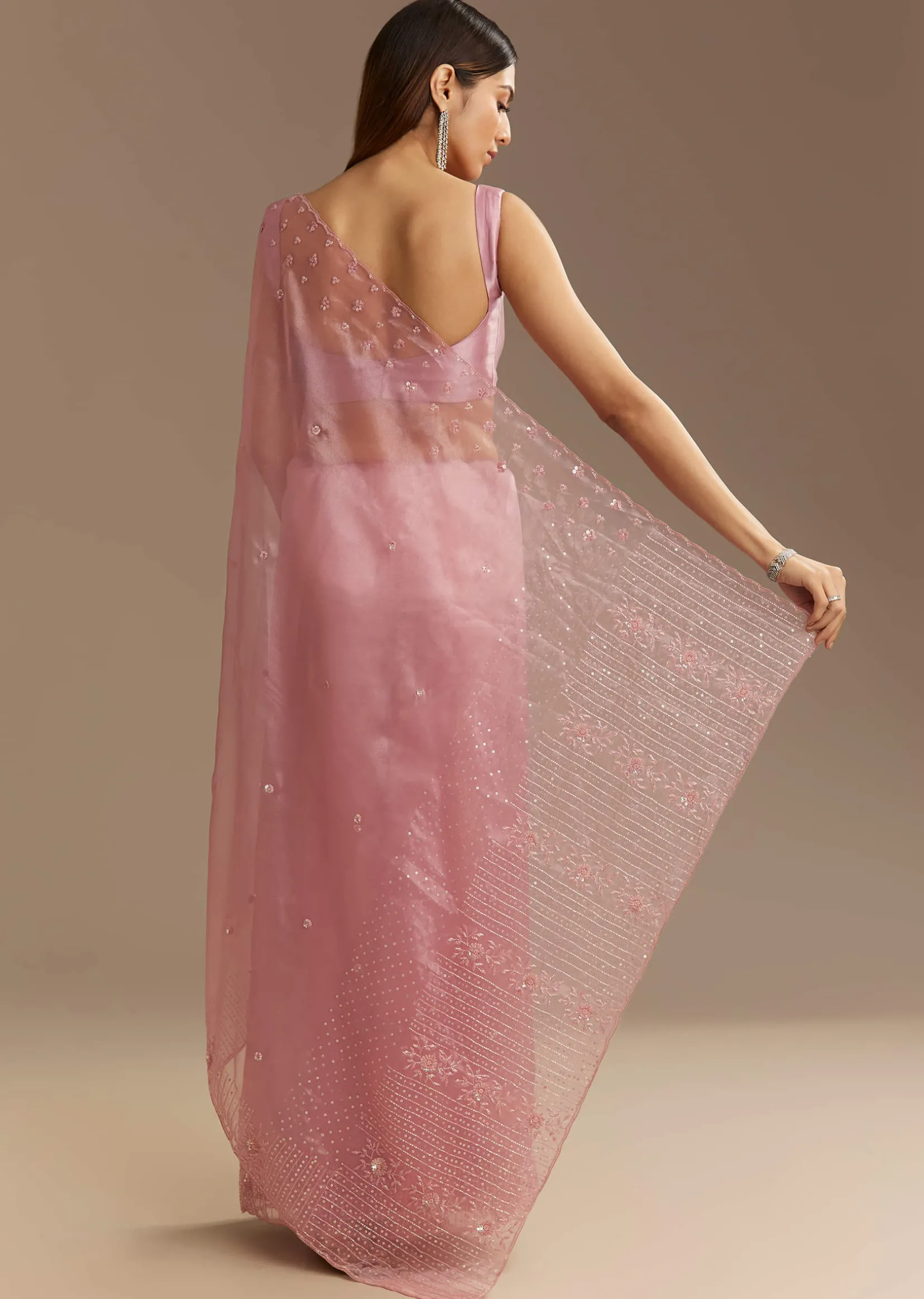 Pink Organza Sequins Saree With Scallop Border