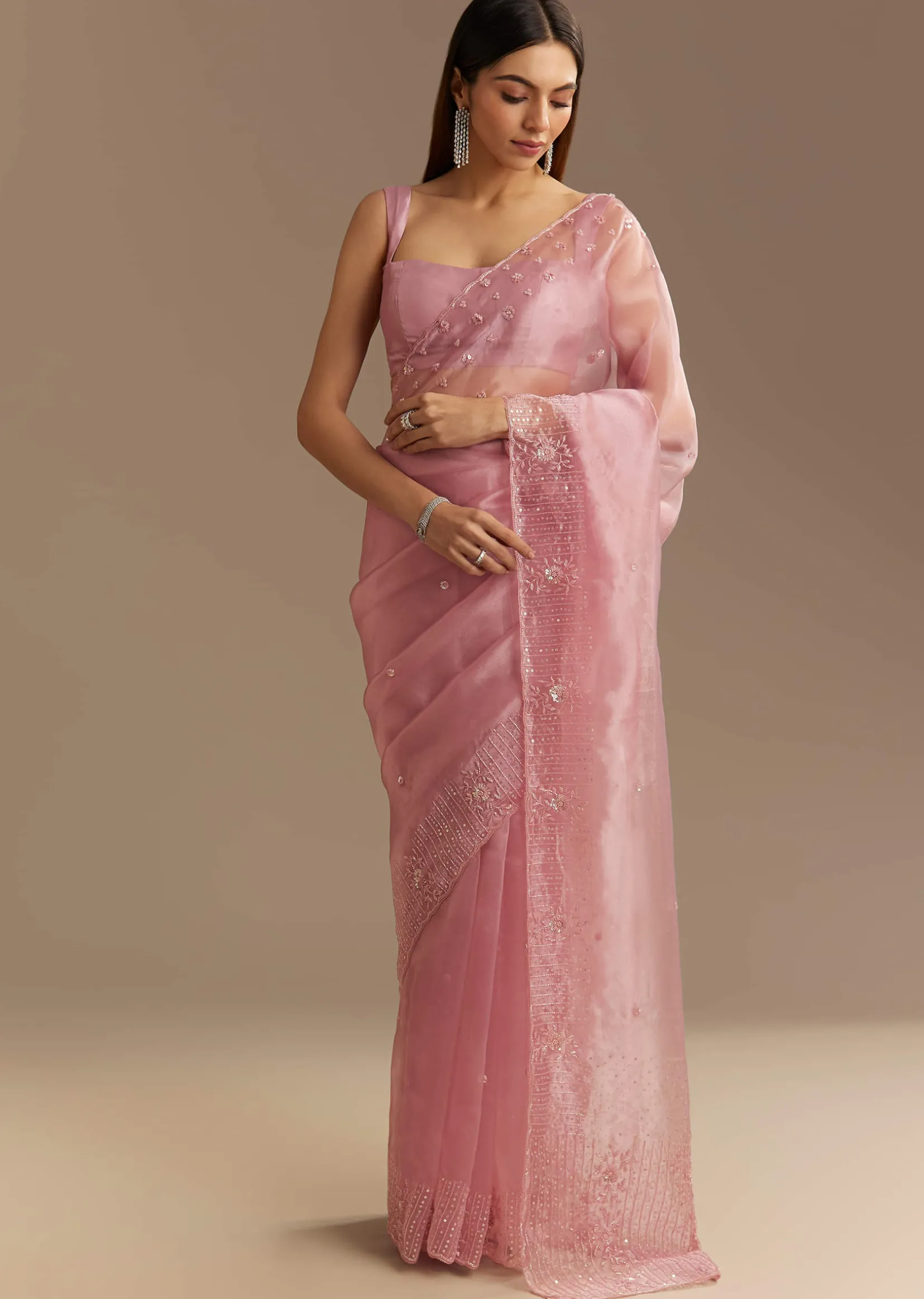 Pink Organza Sequins Saree With Scallop Border