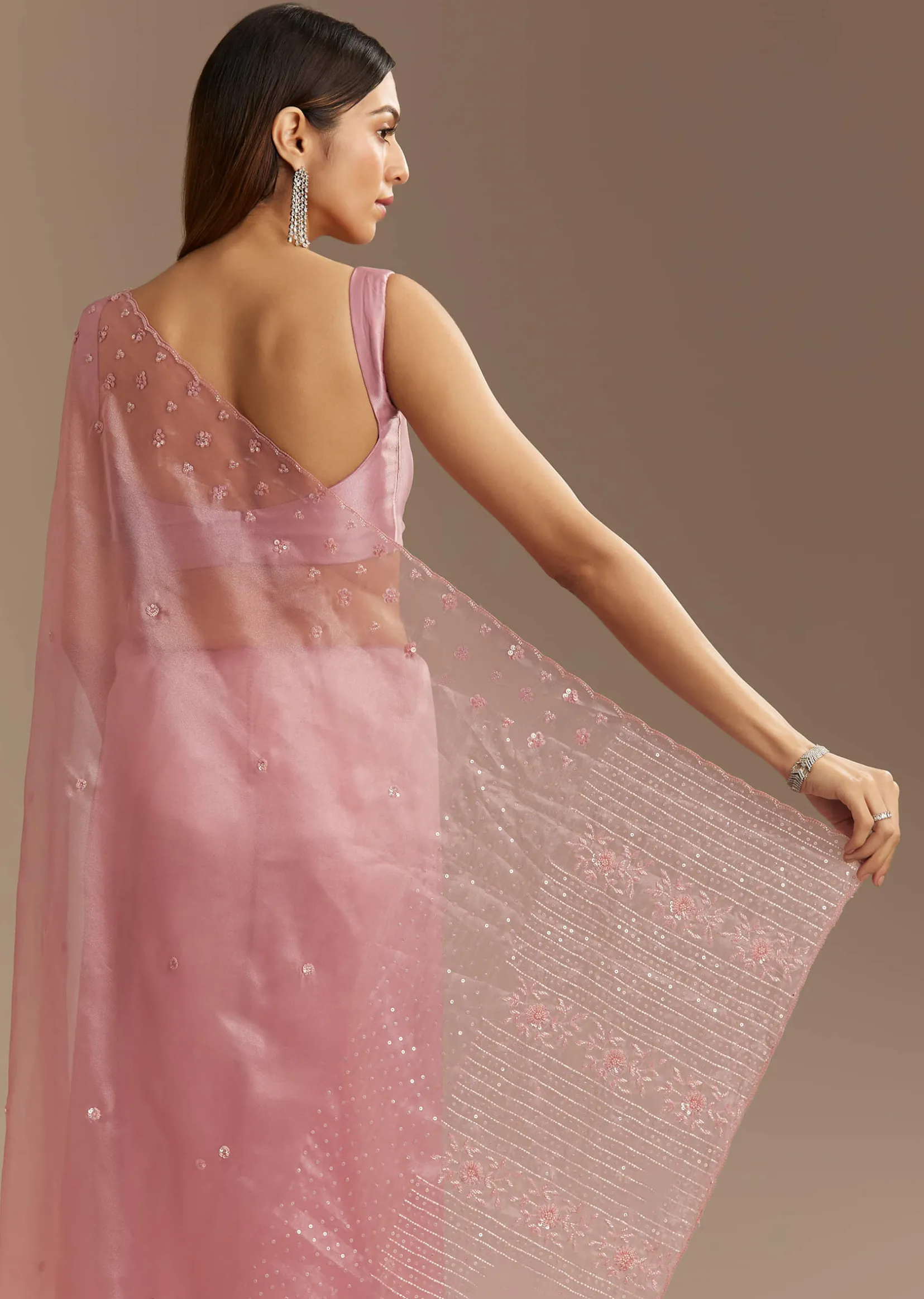 Pink Organza Sequins Saree With Scallop Border