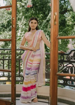 Pink Organza Striped Saree With Unstitched Blouse Piece