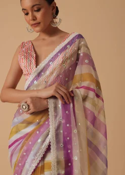 Pink Organza Striped Saree With Unstitched Blouse Piece