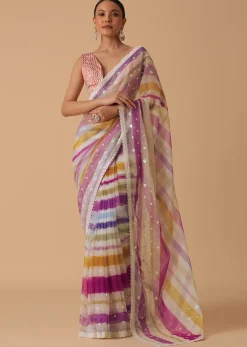 Pink Organza Striped Saree With Unstitched Blouse Piece