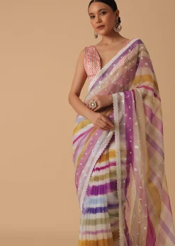 Pink Organza Striped Saree With Unstitched Blouse Piece