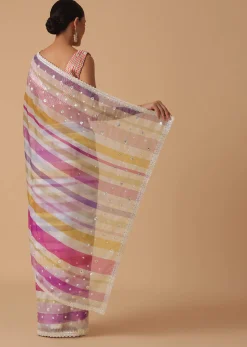 Pink Organza Striped Saree With Unstitched Blouse Piece