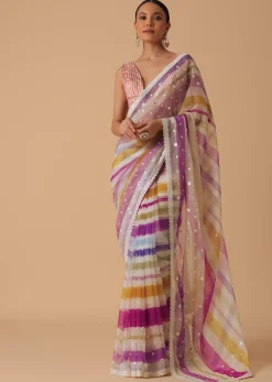 Pink Organza Striped Saree With Unstitched Blouse Piece