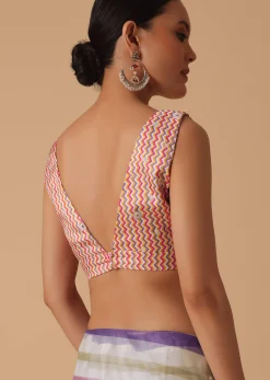 Pink Organza Striped Saree With Unstitched Blouse Piece