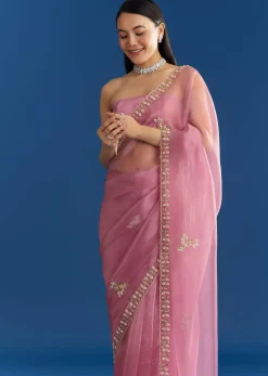 Pink Organza Tissue Saree With Beaded Scallop Border
