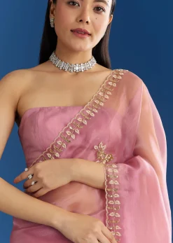 Pink Organza Tissue Saree With Beaded Scallop Border
