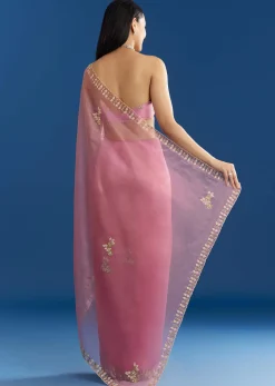 Pink Organza Tissue Saree With Beaded Scallop Border