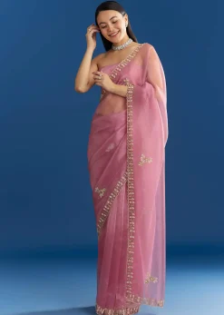Pink Organza Tissue Saree With Beaded Scallop Border
