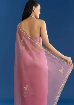 Pink Organza Tissue Saree With Beaded Scallop Border