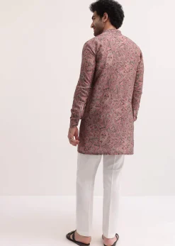 Pink Paisley Printed Silk Short Kurta Set For Men