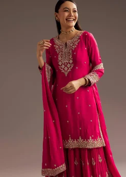 Pink Palazzo Dupatta Set With sequins Work