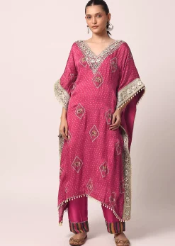 Pink Pant Set With Embroidered Kaftan Kurta