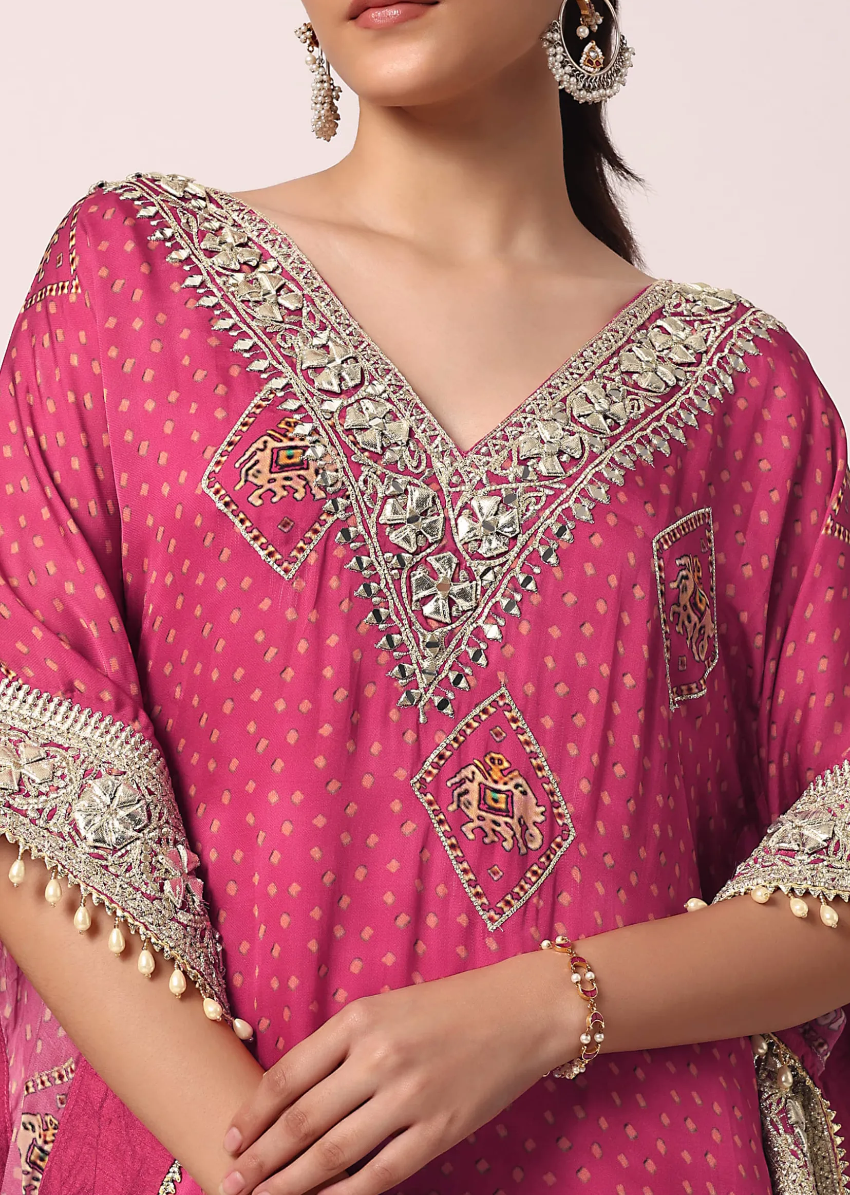Pink Pant Set With Embroidered Kaftan Kurta