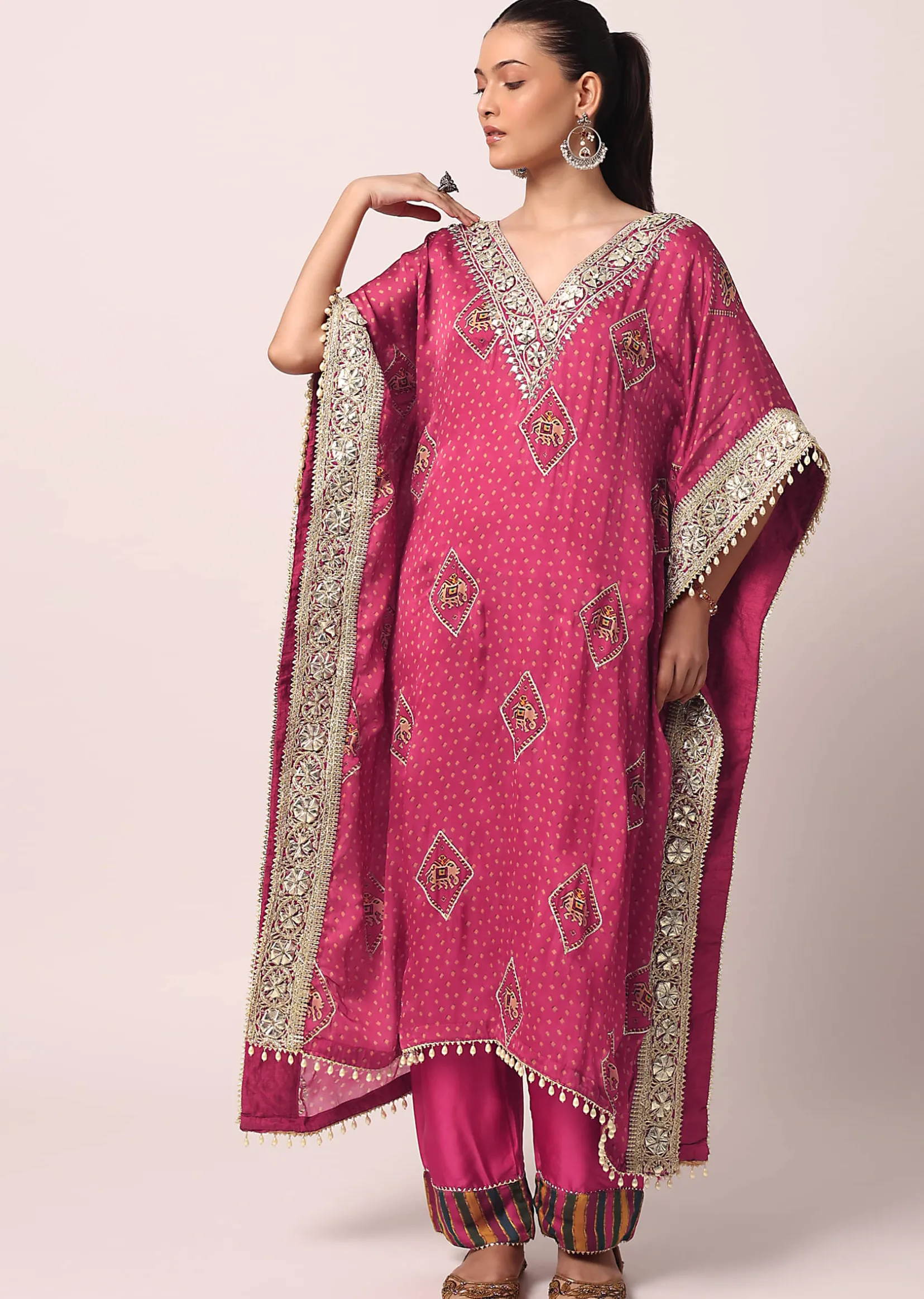 Pink Pant Set With Embroidered Kaftan Kurta