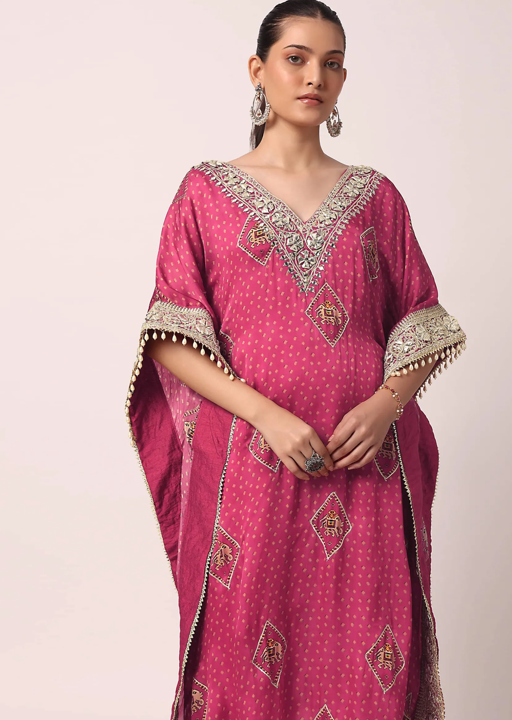Pink Pant Set With Embroidered Kaftan Kurta