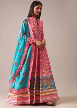 Pink Patola Printed Anarkali Suit Set In Tussar Silk
