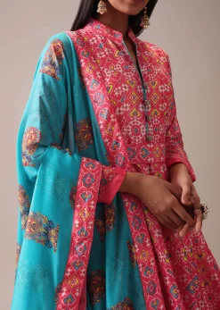 Pink Patola Printed Anarkali Suit Set In Tussar Silk