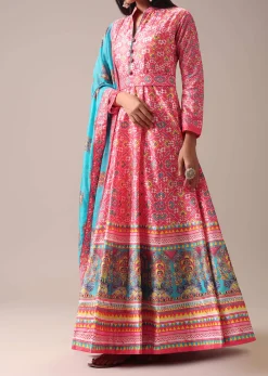 Pink Patola Printed Anarkali Suit Set In Tussar Silk
