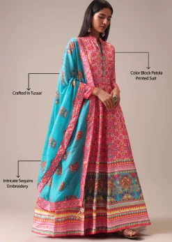 Pink Patola Printed Anarkali Suit Set In Tussar Silk