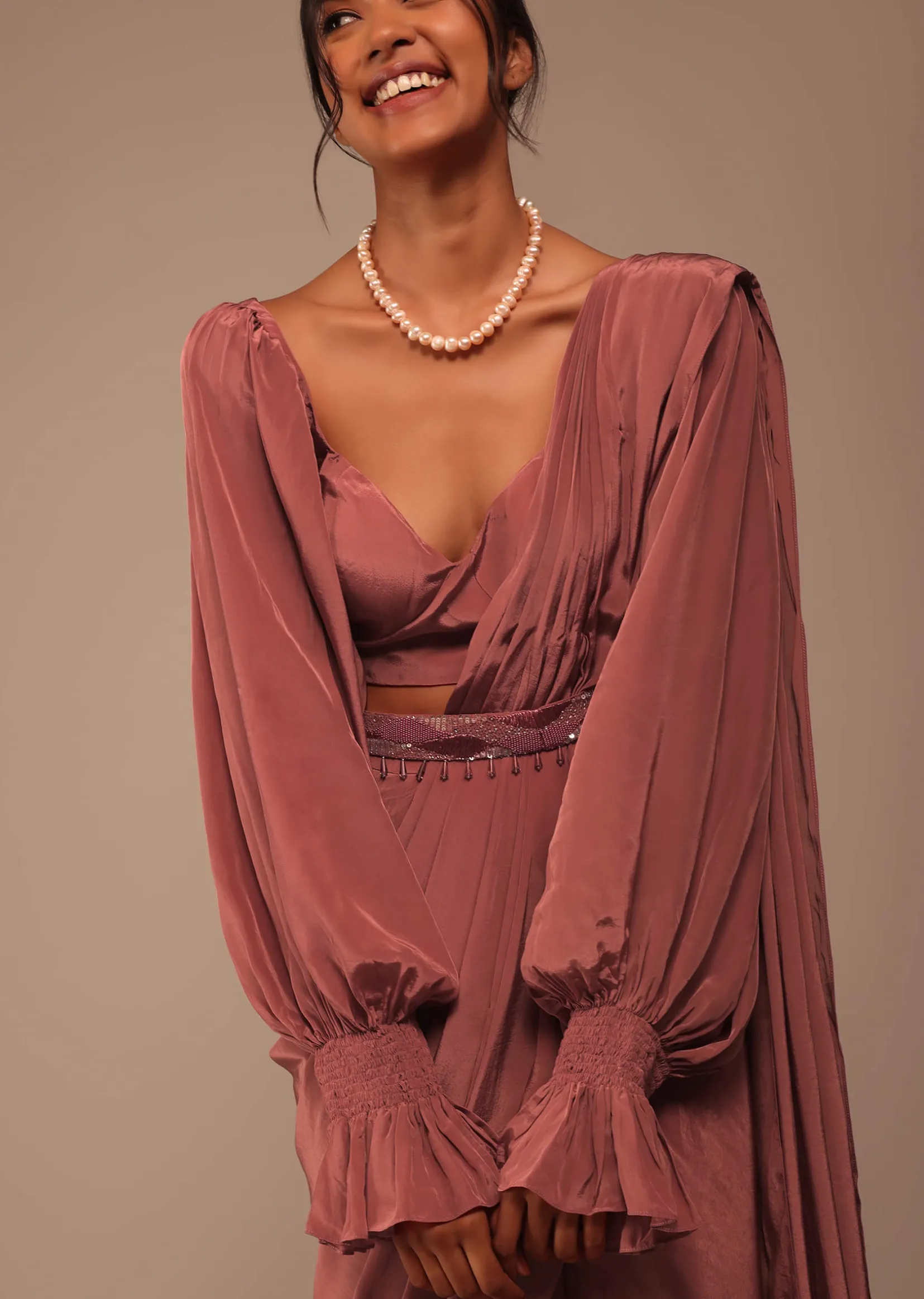 Pink Pre Stitched Saree With Lantern Sleeved Blouse And Hand Worked Belt