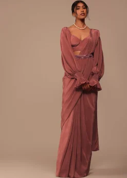 Pink Pre Stitched Saree With Lantern Sleeved Blouse And Hand Worked Belt