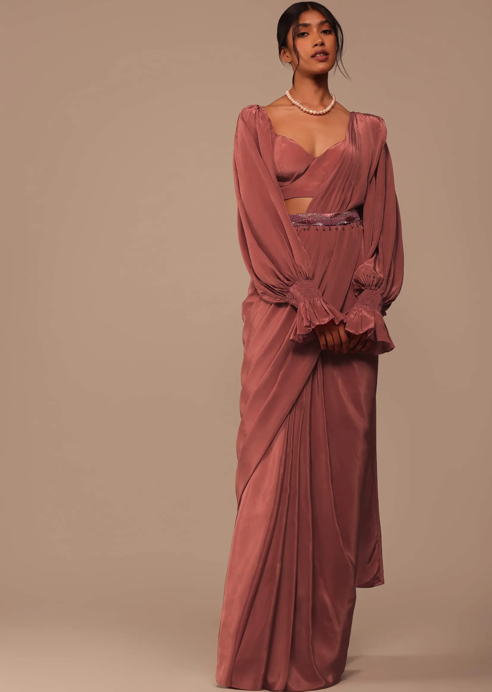 Pink Pre Stitched Saree With Lantern Sleeved Blouse And Hand Worked Belt