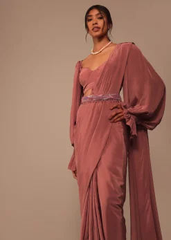 Pink Pre Stitched Saree With Lantern Sleeved Blouse And Hand Worked Belt