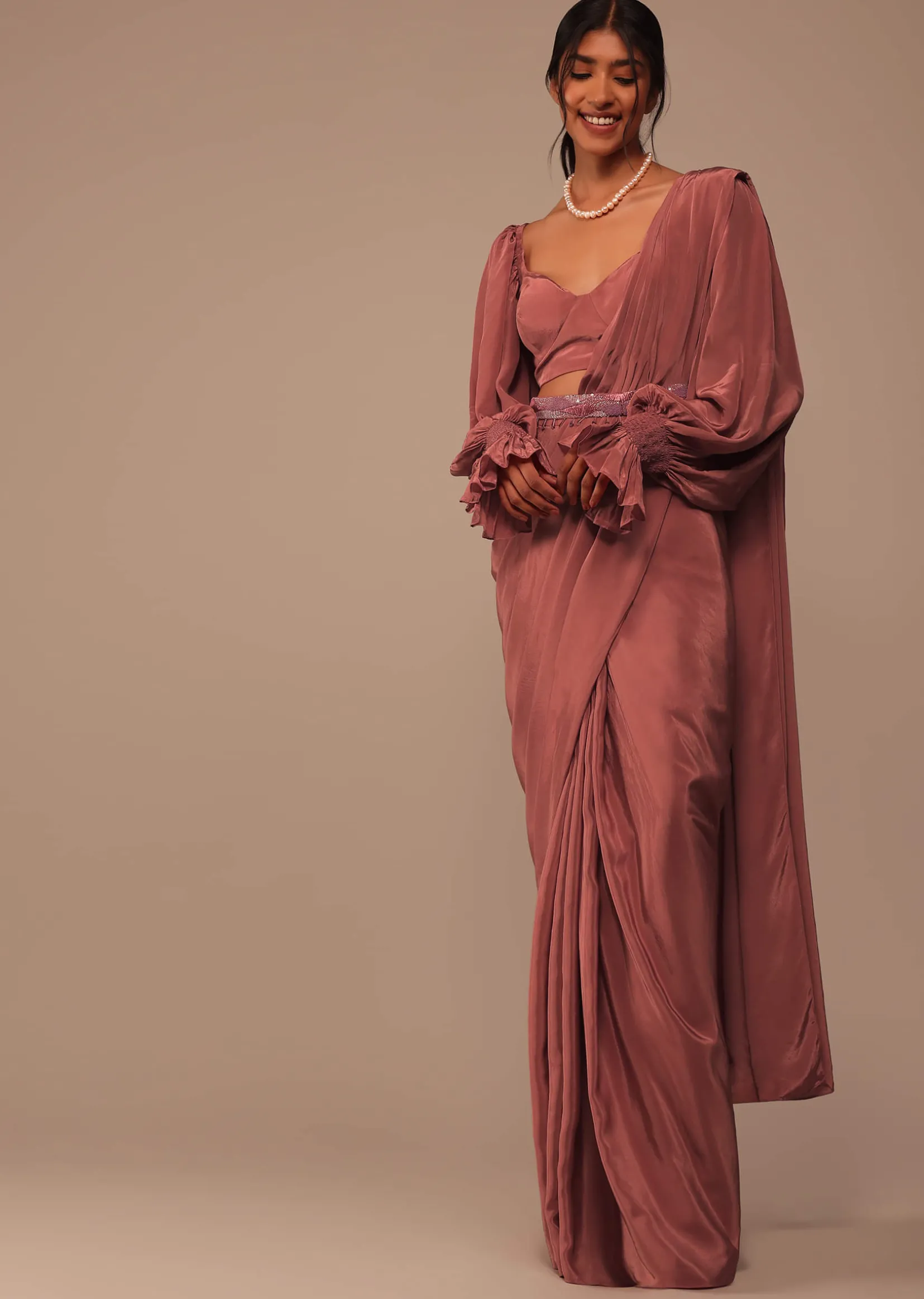 Pink Pre Stitched Saree With Lantern Sleeved Blouse And Hand Worked Belt