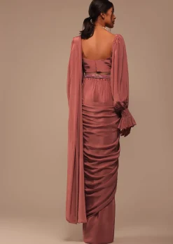 Pink Pre Stitched Saree With Lantern Sleeved Blouse And Hand Worked Belt