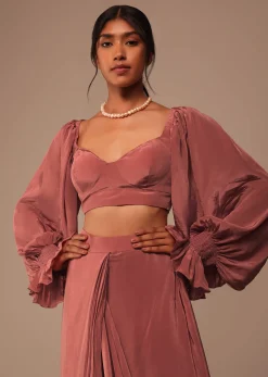 Pink Pre Stitched Saree With Lantern Sleeved Blouse And Hand Worked Belt