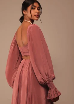 Pink Pre Stitched Saree With Lantern Sleeved Blouse And Hand Worked Belt