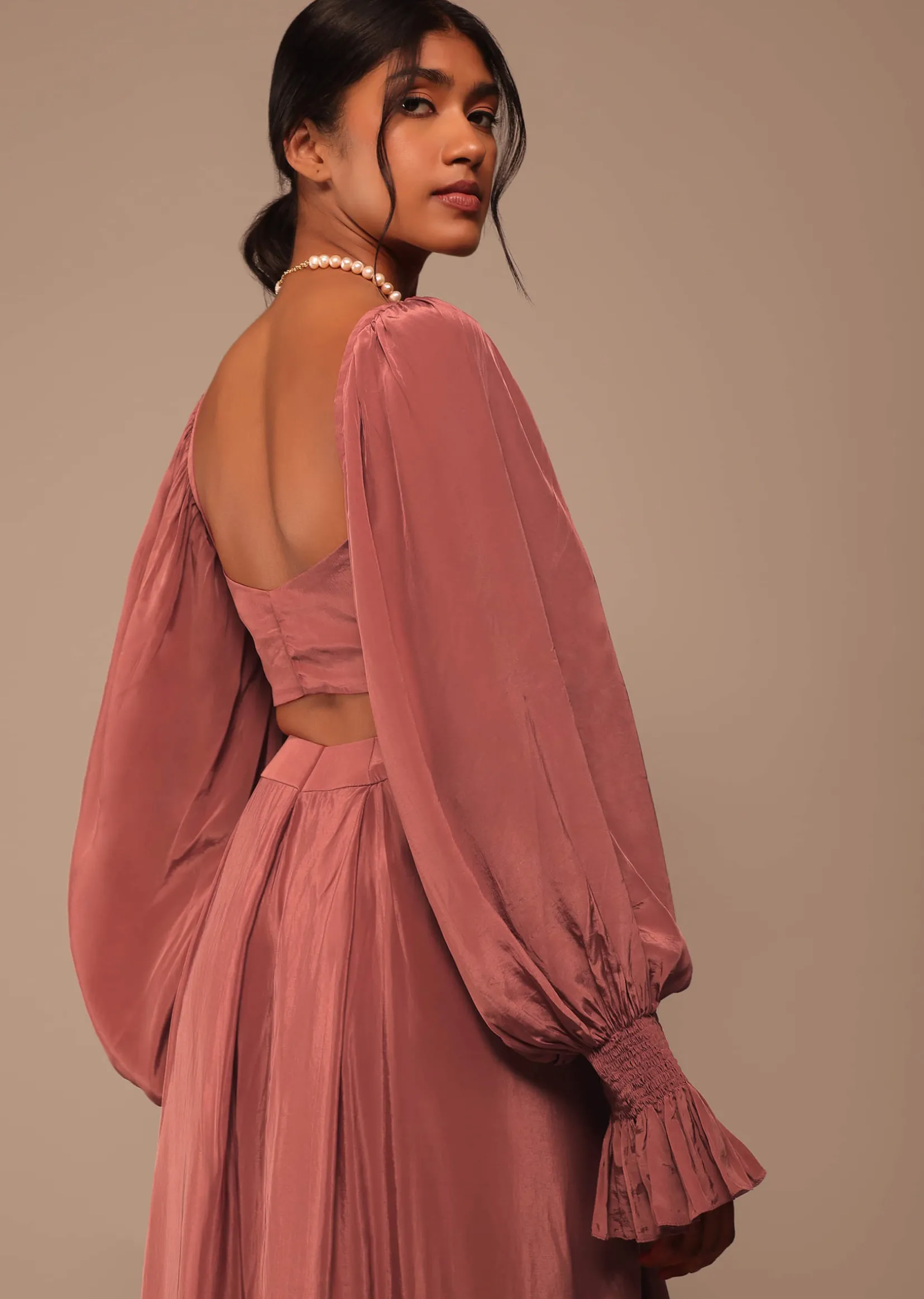 Pink Pre Stitched Saree With Lantern Sleeved Blouse And Hand Worked Belt