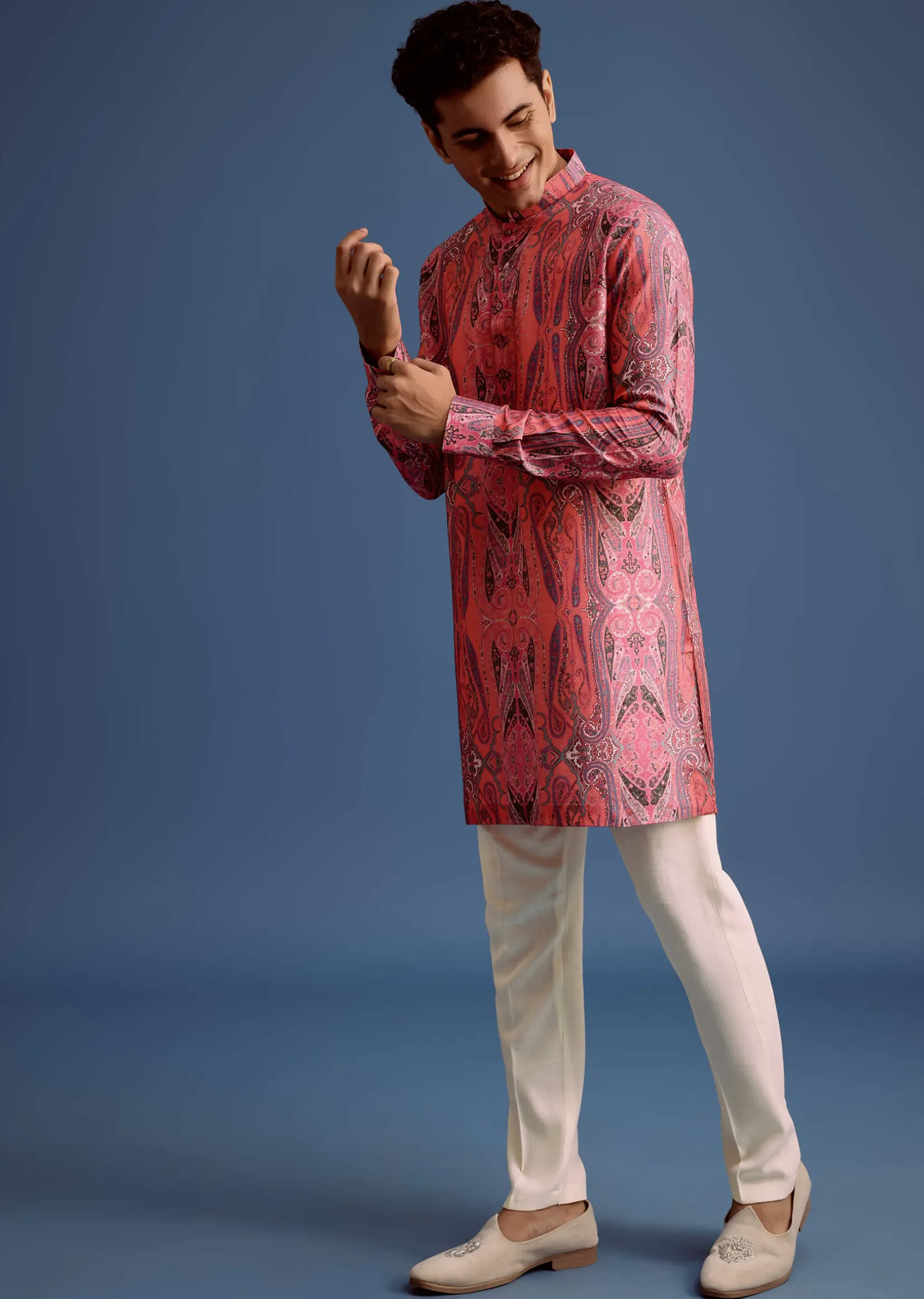 Pink Printed Art Silk Kurta For Men