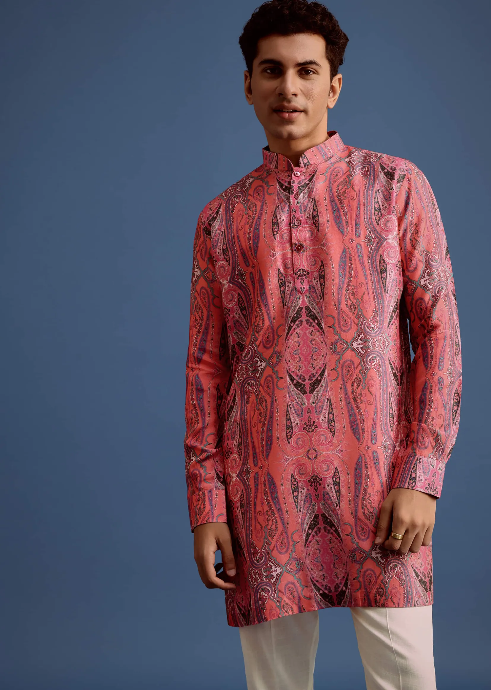 Pink Printed Art Silk Kurta For Men
