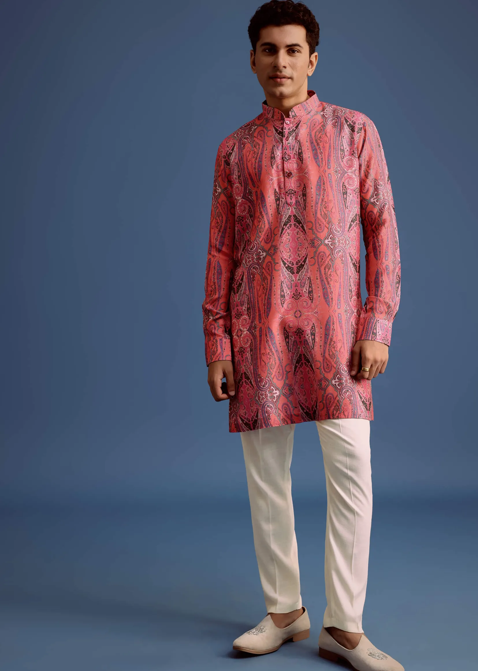 Pink Printed Art Silk Kurta For Men