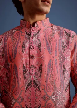 Pink Printed Art Silk Kurta For Men