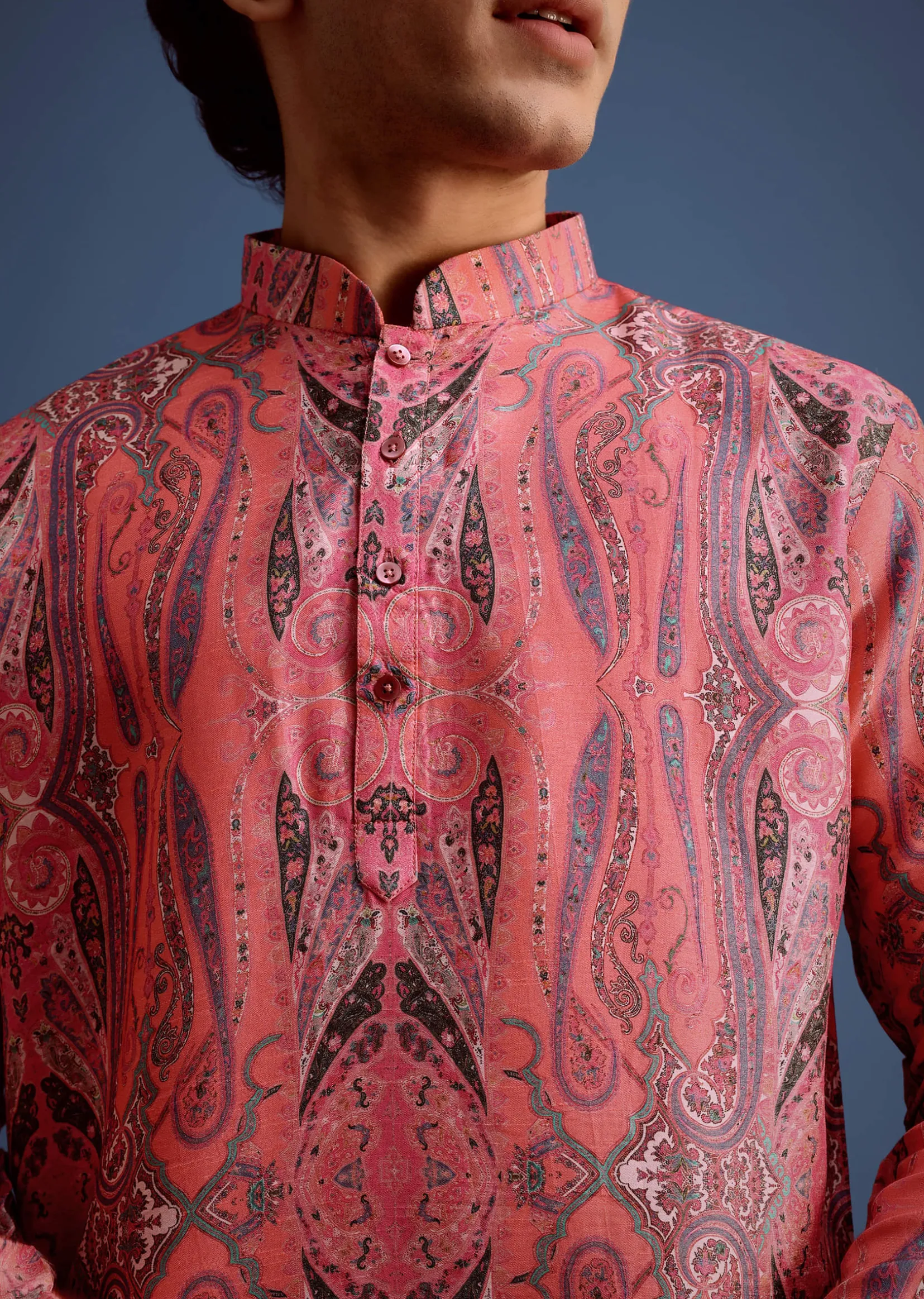Pink Printed Art Silk Kurta For Men